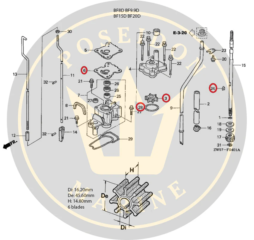Water pump Impeller service kit for Honda outboard BF8/9.9/15/20D Replaces: 06192-ZW9-A30 - Image 2