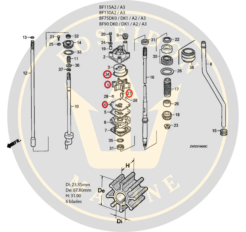 Recmar® Water pump service Honda BF75 BF90 BF115 BF130 >2003 06192-ZW1-000 - Image 2